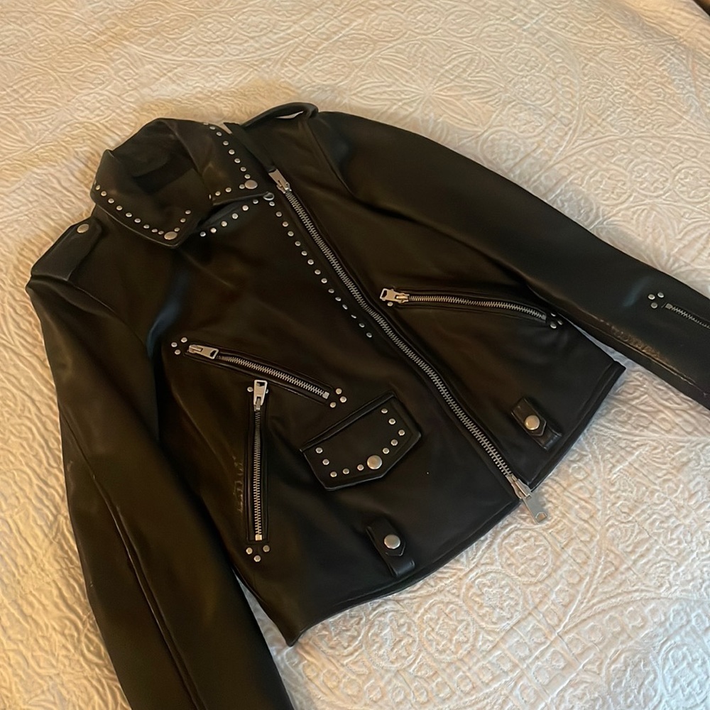 All Saints Vettese Black Leather Biker Jacket US 4 Studded Western